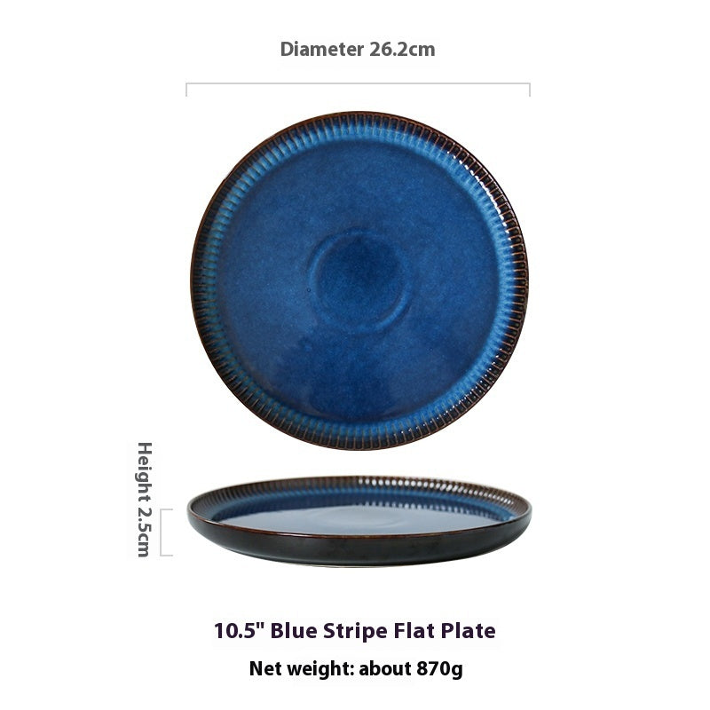 Blue Striped Flat Household Ceramic Plate