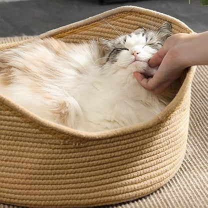 Wicker Cat Bed Basket Corrugated Scratching Board Comfortable Pet House Nest For Cats