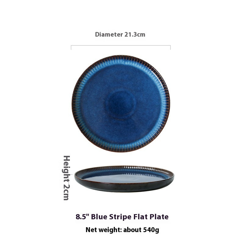 Blue Striped Flat Household Ceramic Plate